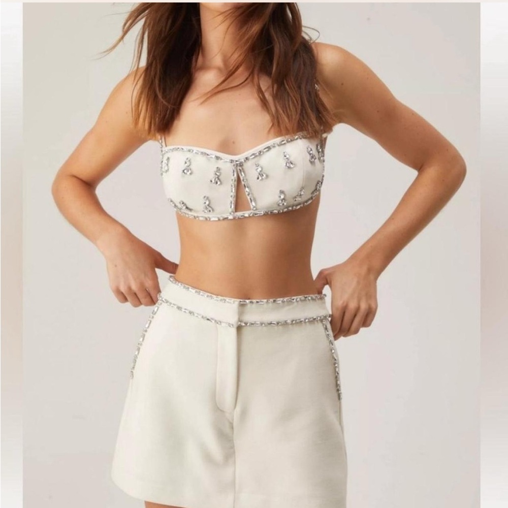 SET Nasty Gal White premium Embellished Crop and shorts bedazzled